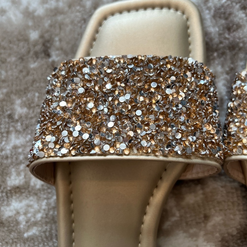 Women’s Gold Glitter Slide Sandals Size 42 Resortwear Vacation Sparkle Beach - Picture 5 of 6